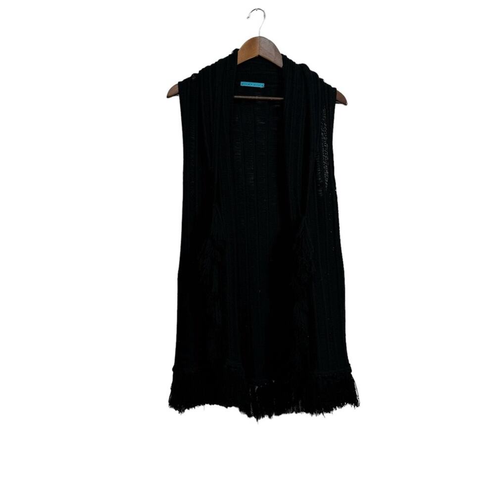 alice + olivia Black Wool open front Cardigan Long Vest M Shaggy Boho Fringe